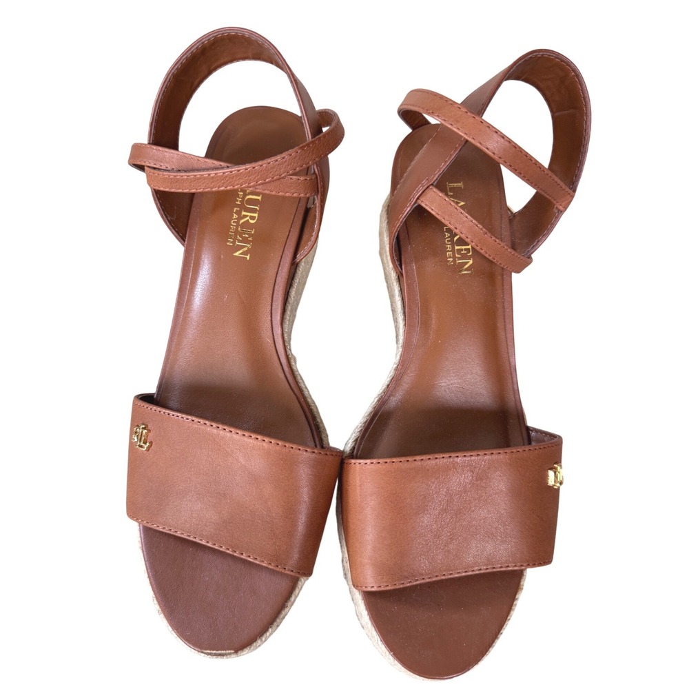 Lauren Ralph Lauren Delores Espadrille‎ Wedge Sandals Brown Leather 7B